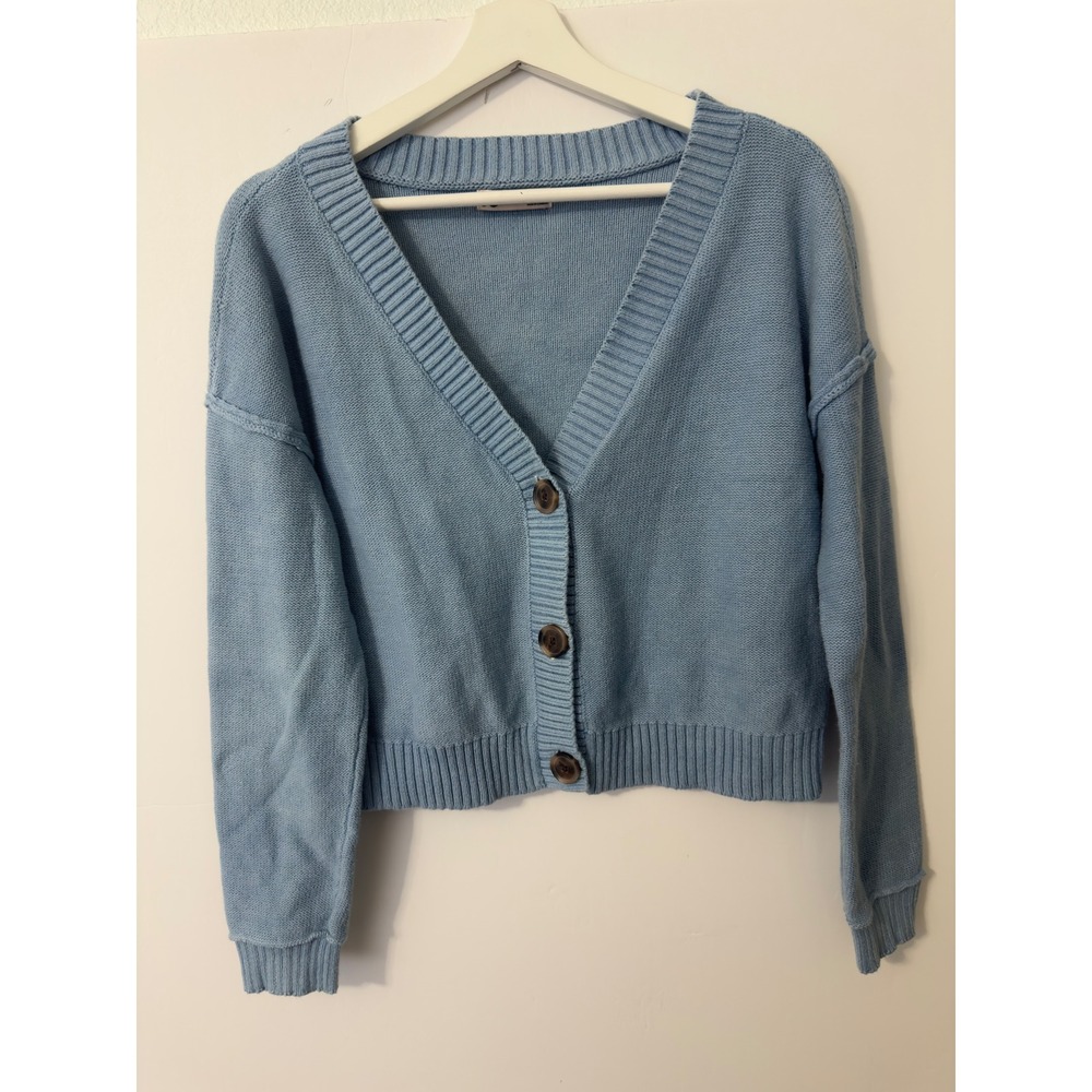 SO Cropped Cardigan Sweater Women Blue V-Neck Knit Button Up Cottagecore Layers